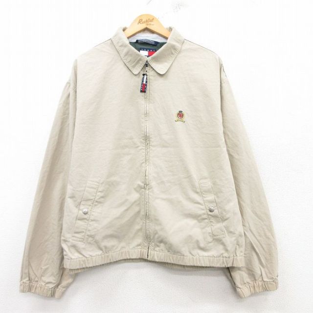 XL★古着 トミーヒルフィガー TOMMY HILFIGER 長袖 ブランド ジャケット スイングトップ メンズ 90年代 90s ワンポイントロゴ 大きいサイズ ベージュ カーキ 25feb17 中古 アウター ジャンパー ブルゾン