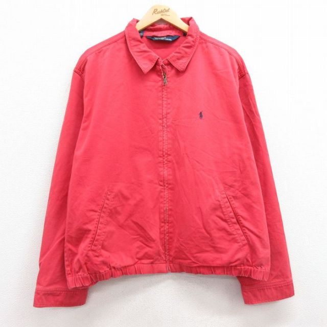 XL★古着 ラルフローレン Ralph Lauren 長袖 ブランド ジャケット スイングトップ メンズ 90年代 90s ワンポイントロゴ 大きいサイズ コットン 赤 レッド 25feb18 中古 アウター ジャンパー ブルゾン