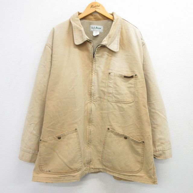 XL★古着 エルエルビーン LLBEAN 長袖 ジャケット メンズ 80年代 80s ダック地 大きいサイズ ロング丈 コットン USA製 ベージュ系 カーキ 内側フリース 【spe】 25feb19 中古 アウター ジャンパー ブルゾン
