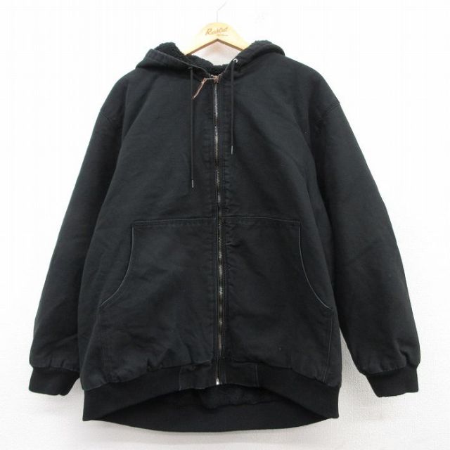 XL★古着 長袖 ジャケット パーカー メンズ ダック地 ロング丈 コットン 黒 ブラック 内側ボア 【spe】 25feb18 中古 アウター ジャンパー ブルゾン