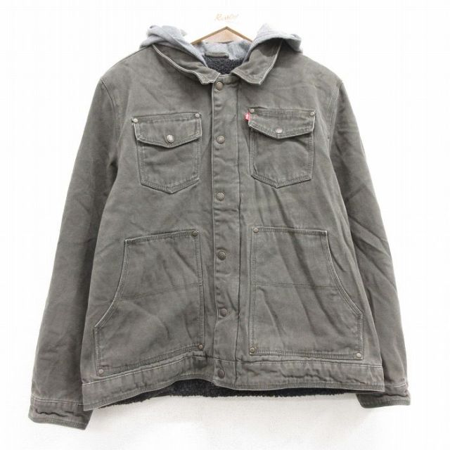 XL★古着 リーバイス Levis 長袖 ジャケット パーカー メンズ ダック地 大きいサイズ コットン 緑系 グリーン 内側ボア 25feb26 中古 アウター ジャンパー ブルゾン