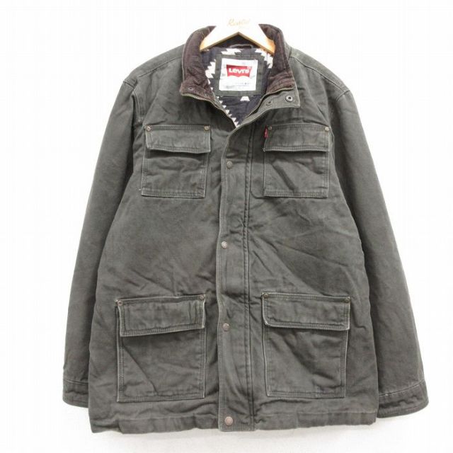 XL★古着 リーバイス Levis 長袖 ジャケット メンズ ダック地 コットン 襟コーデュロイ 緑系 グリーン 25feb26 中古 アウター ジャンパー ブルゾン