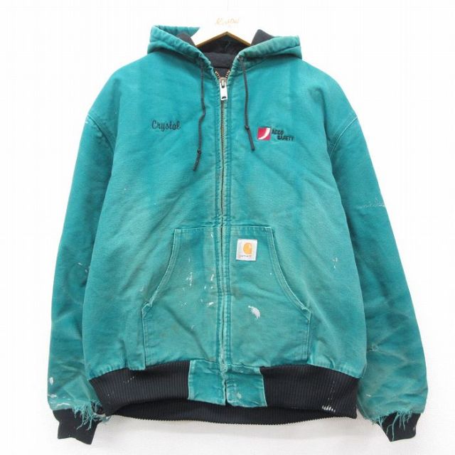 XL★古着 カーハート Carhartt 長袖 アクティブ ジャケット パーカー メンズ 90年代 90s ACCO ダック地 大きいサイズ コットン USA製 青緑 内側キルティング 【spe】 25feb27 中古 アウター ジャンパー ブルゾン