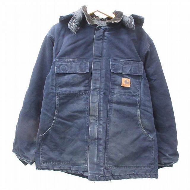 XL★古着 カーハート Carhartt 長袖 トラディショナル コート パーカー メンズ 90年代 90s ダック地 大きいサイズ コットン 襟コーデュロイ USA製 紺 ネイビー 内側キルティング 25mar05 中古 アウター