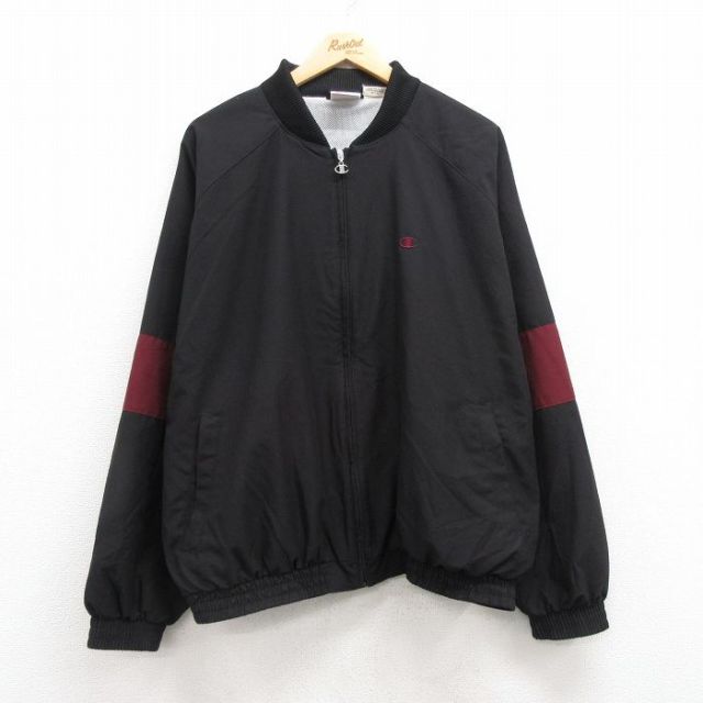 XL★古着 チャンピオン champion 長袖 ジャケット メンズ 00年代 00s ワンポイントロゴ 大きいサイズ ラグラン 黒他 ブラック 内側メッシュ 25apr12 中古 アウター ジャンパー ブルゾン
