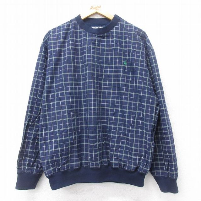 【20%OFF】XL★古着 ラルフローレン Ralph Lauren ポロゴルフ 長袖 ブランド ジャケット メンズ 90年代 90s ワンポイントロゴ 大きいサイズ クルーネック 紺他 ネイビー チェック 内側メッシュ 【spe】 25aug02 中古 アウター ジャンパー ブルゾン