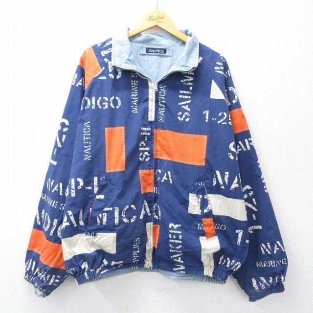 XL★古着 ノーティカ NAUTICA 長袖 ブッシュ ジャケット スイングトップ メンズ 90年代 90s ビッグロゴ 総柄 ラグラン リバーシブル 大きいサイズ コットン 紺他 ネイビー 【spe】 25sep19 中古 アウター ジャンパー ブルゾン