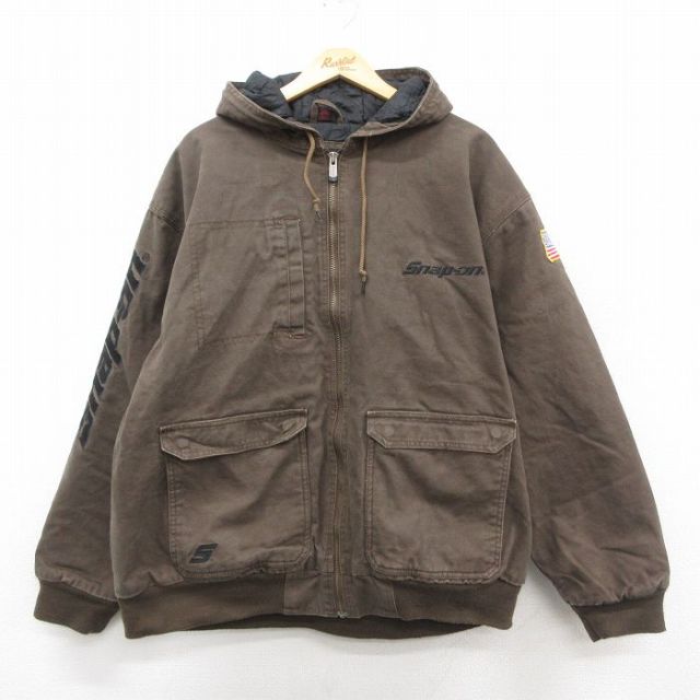 XL★古着 長袖 ジャケット パーカー メンズ snapon スナップオン ダック地 大きいサイズ コットン 茶 ブラウン 内側キルティング 【spe】 25sep26 中古 アウター ジャンパー ブルゾン