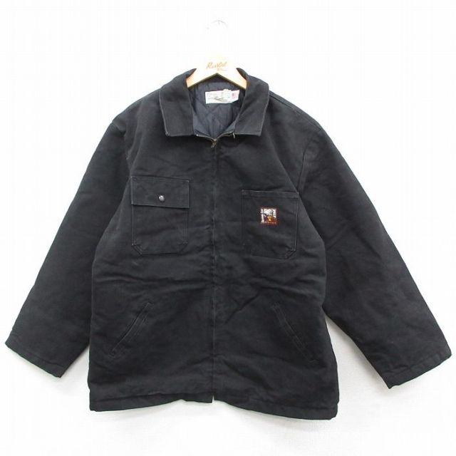 XL★古着 長袖 ジャケット メンズ 90年代 90s THERMALTUFF ダック地 大きいサイズ ロング丈 コットン USA製 黒 ブラック 内側キルティング 25sep26 中古 アウター ジャンパー ブルゾン