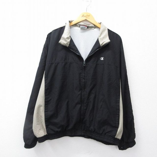 XL★古着 チャンピオン Champion 長袖 ジャケット メンズ 00年代 00s ワンポイントロゴ 大きいサイズ 黒 ブラック 内側メッシュ 25sep27 中古 アウター ジャンパー ブルゾン