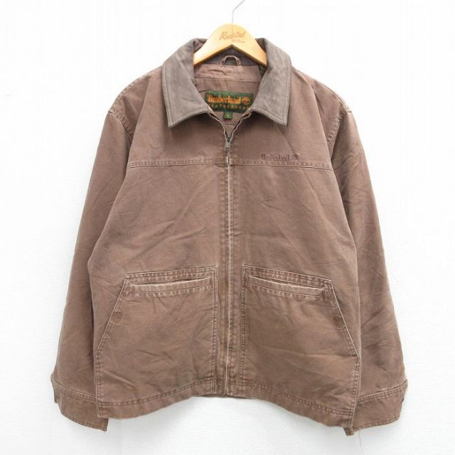L★古着 ティンバーランド 長袖 ジャケット メンズ 00年代 00s ワンポイントロゴ ダック地 襟レザー コットン 茶 ブラウン 【spe】 25oct10 中古 アウター ジャンパー ブルゾン