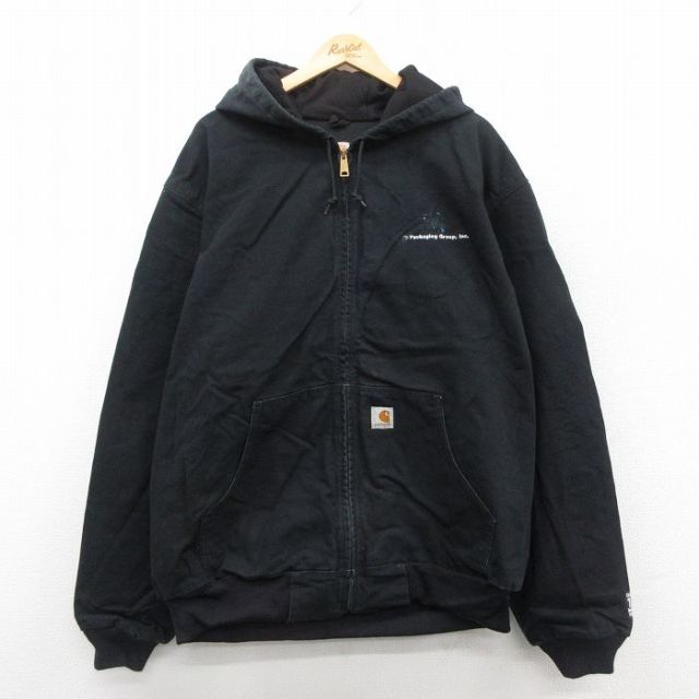 XL★古着 カーハート Carhartt 長袖 アクティブ ジャケット パーカー メンズ 125周年 ダック地 大きいサイズ コットン USA製 黒 ブラック 内側サーマル 【spe】 25oct11 中古 アウター ジャンパー ブルゾン
