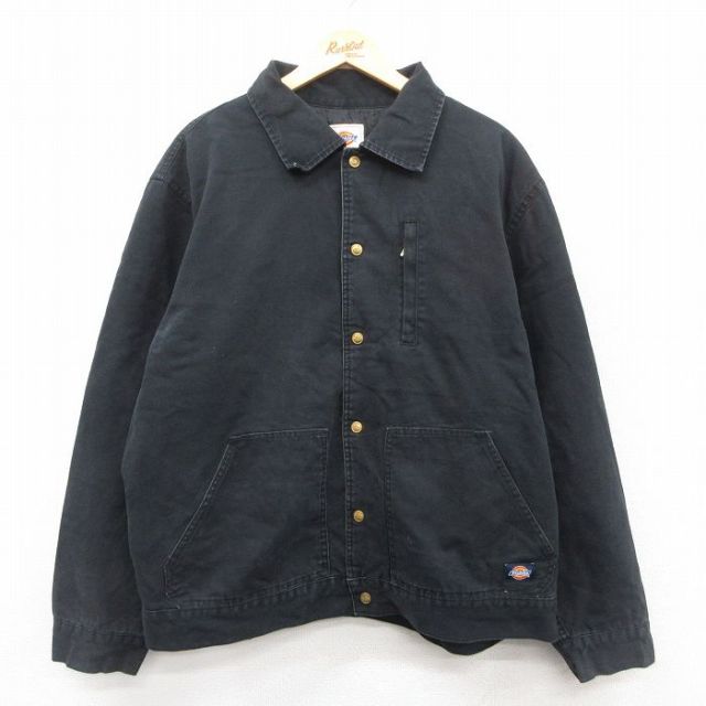 XL★古着 ディッキーズ Dickies 長袖 ジャケット メンズ ダック地 大きいサイズ コットン 黒 ブラック 内側キルティング 25oct15 中古 アウター ジャンパー ブルゾン