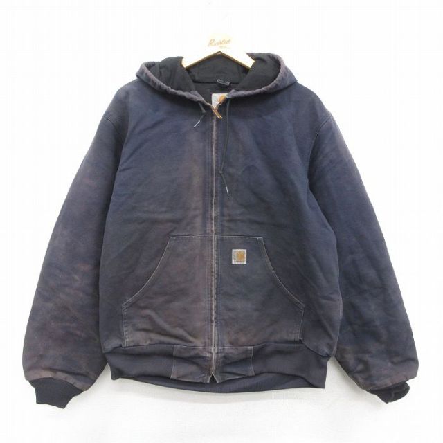 XL★古着 カーハート Carhartt 長袖 アクティブ ジャケット パーカー メンズ 90年代 90s ワンポイントロゴ ダック地 USA製 濃紺 ネイビー 内側メッシュ 【spe】 25oct24 中古 アウター ジャンパー ブルゾン
