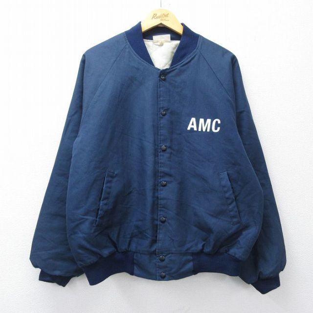 XL★古着 長袖 ワーク ジャケット メンズ 90年代 90s AMC ラグラン 紺 ネイビー 内側キルティング 25nov04 中古 アウター ジャンパー ブルゾン