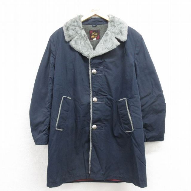 L★古着 長袖 ジャケット コート メンズ 80年代 80s ロング丈 紺 内側ボア 25nov11