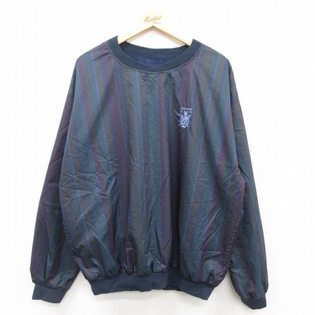 【20%OFF】XL★古着 長袖 ジャケット メンズ 90年代 90s リバーシブル 大きいサイズ クルーネック 紺他 ストライプ 25nov17