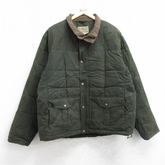 XL★古着 エルエルビーン 長袖 ダウン オイル ジャケット メンズ 00年代 00s ワンポイントロゴ 襟フリース 大きいサイズ コットン 濃緑 25nov20
