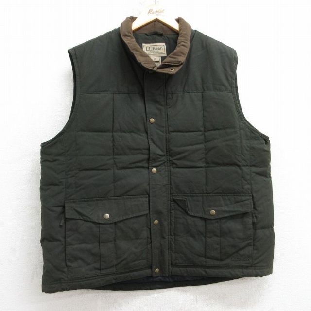 XL★古着 エルエルビーン ダウン オイル ベスト メンズ 00年代 00s ワンポイントロゴ 襟フリース 大きいサイズ コットン 濃緑【spe】 25nov20