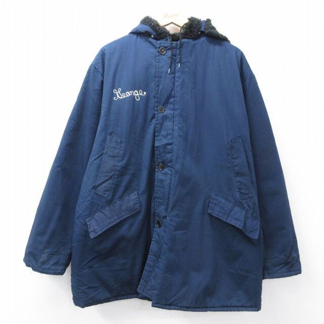 XL★古着 長袖 ジャケット パーカー メンズ 80年代 80s 大きいサイズ ロング丈 USA製 紺 内側キルティング 25nov22