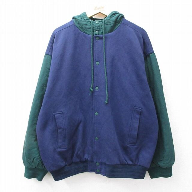 XL★古着 長袖 スウェット ジャケット パーカー メンズ 00年代 00s ツートンカラー 大きいサイズ 紺他 内側キルティング 25dec05