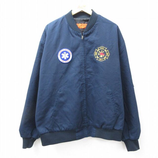 XL★古着 レッドキャップ 長袖 ワーク ジャケット メンズ 80年代 80s 消防署 レスキュー 大きいサイズ 紺 内側キルティング【spe】 25dec05