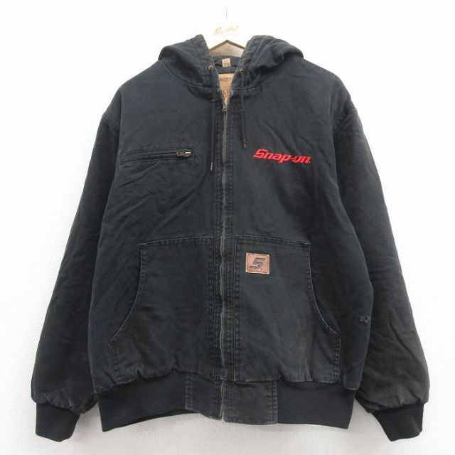 XL★古着 長袖 ジャケット パーカー メンズ スナップオン ダック地 コットン 黒 内側キルティング 25dec06