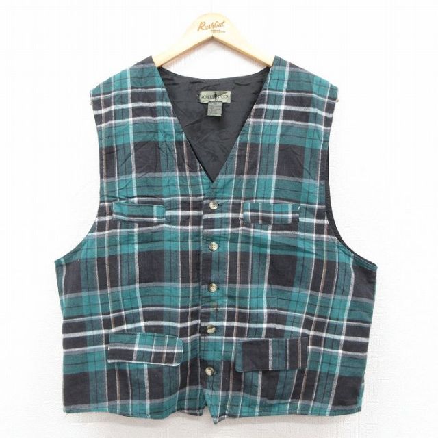 XL★古着 ベスト メンズ 90年代 90s コットン 緑他 チェック 25dec10