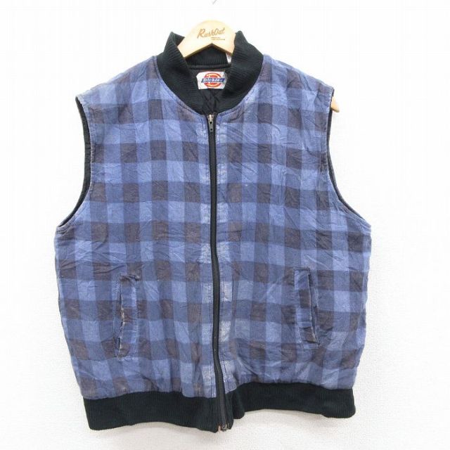 L★古着 ディッキーズ ベスト メンズ 90年代 90s 紺系他 バッファロー チェック 内側キルティング 25dec10