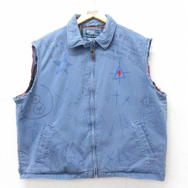 XL★古着 ラルフローレン 長袖 ブランド ジャケット スイングトップ メンズ 90年代 90s ワンポイントロゴ ハンドペイント コットン 薄紺【spe】 25dec12