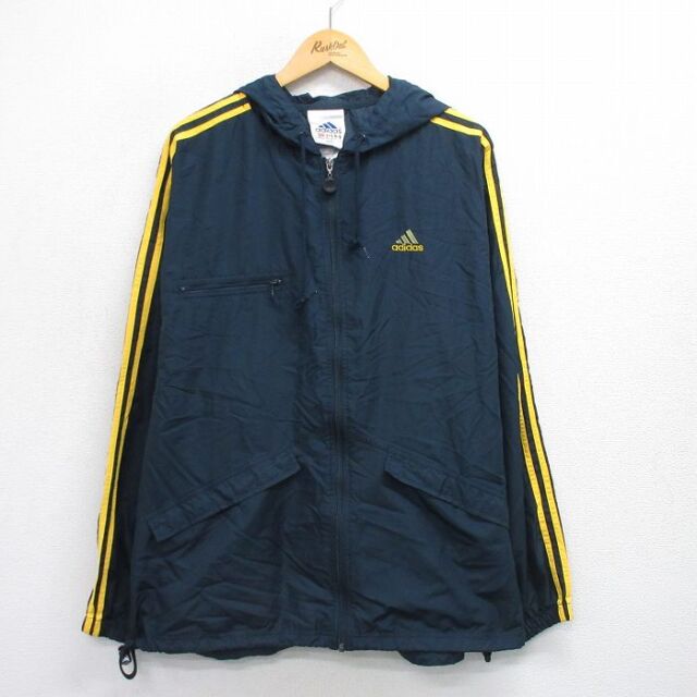 XL★古着 アディダス adidas 長袖 ジャケット パーカー メンズ 90年代 90s ワンポイントロゴ 大きいサイズ 紺他 3本ライン 25dec15