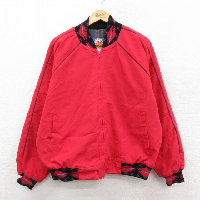 XL★古着 長袖 ジャケット メンズ 90年代 90s ラグラン ネイティブ柄 ラグ柄 大きいサイズ USA製 赤 内側ブランケット 25dec22