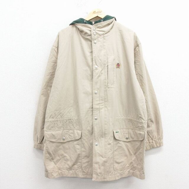 XL★古着 トミーヒルフィガー 長袖 ブランド ジャケット コート パーカー メンズ 90年代 90s ワンポイントロゴ 大きいサイズ ロング丈 コットン 薄ベージュ【spe】 25dec19