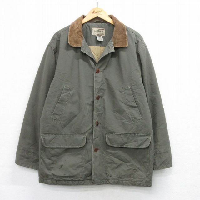 XL★古着 エルエルビーン 長袖 ジャケット メンズ 00年代 00s 襟コーデュロイ ダック地 ロング丈 コットン 濃緑系 内側キルティング 25dec25