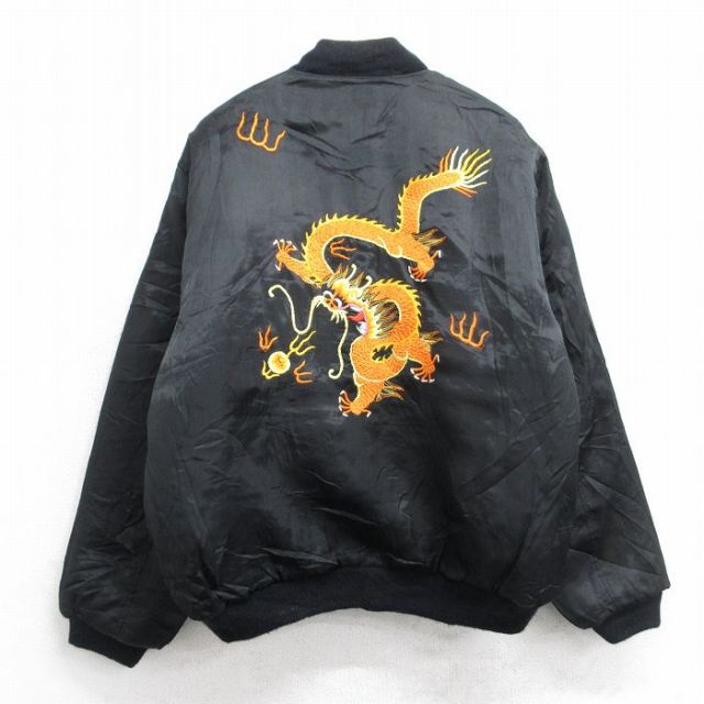 XL★古着 長袖 ジャケット メンズ 90年代 90s 龍 刺繍 レーヨン 黒【spe】 26jan13