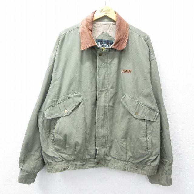 XL★古着 Dunbrooke 長袖 ジャケット メンズ 90年代 90s CARLISLE 襟レザー 大きいサイズ コットン 緑系他 26jan15