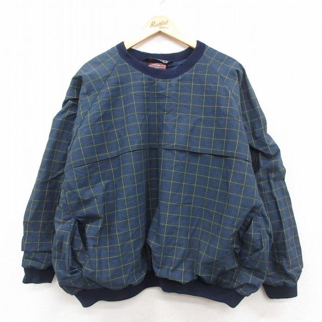 XL★古着 長袖 ジャケット メンズ 90年代 90s ゴルフ ラグラン 大きいサイズ クルーネック スコットランド製 紺系他 チェック 26jan30