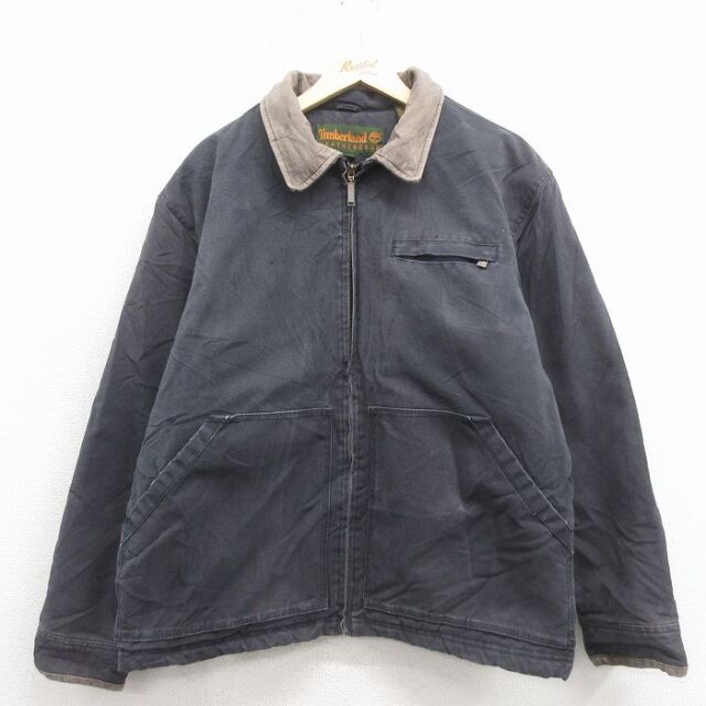 XL★古着 ティンバーランド 長袖 ジャケット メンズ 90年代 90s ダック地 大きいサイズ 襟レザー コットン グレー 内側ボア【spe】 26feb02