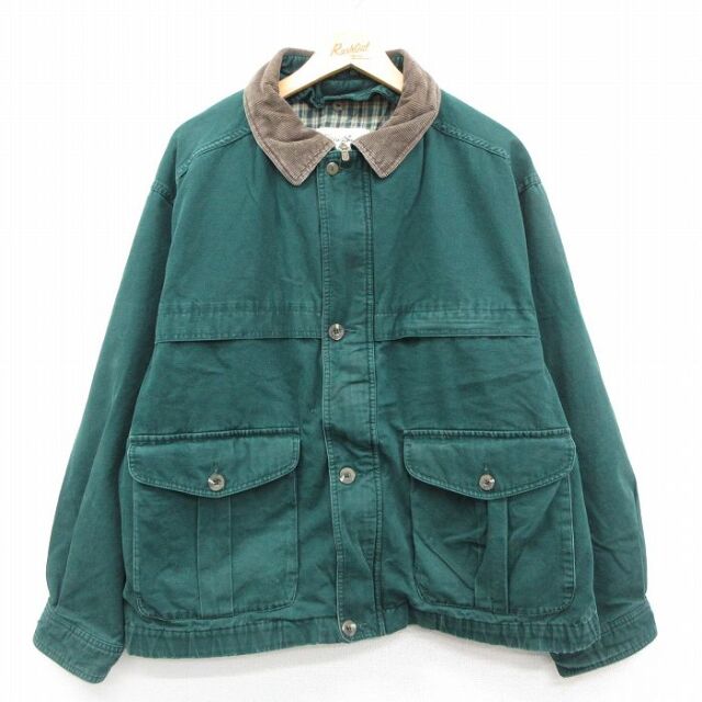 XL★古着 エディーバウアー 長袖 ジャケット メンズ 00年代 00s 襟コーデュロイ 大きいサイズ コットン 緑他 内側フランネル【spe】 26feb10