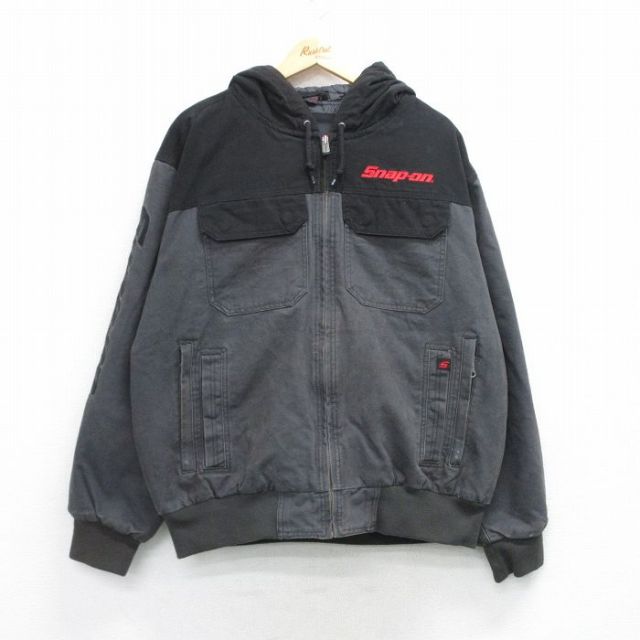 XL★古着 長袖 ジャケット パーカー メンズ スナップオン ダック地 コットン 濃グレー他 内側キルティング 26feb13