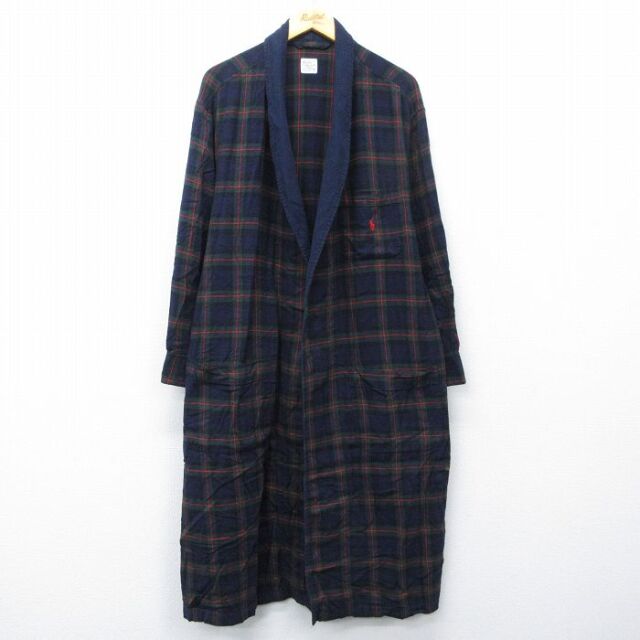 XL★古着 ラルフローレン 長袖 ブランド フランネル シャツ ガウン 羽織 メンズ ワンポイントロゴ 大きいサイズ ロング丈 コットン 紺他 チェック 26feb20