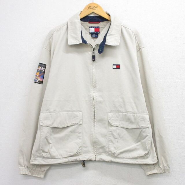 XL★古着 トミーヒルフィガー 長袖 ブランド ジャケット スイングトップ メンズ 90年代 90s ワンポイントロゴ ハードロックホテル 大きいサイズ ベージュ【spe】 26feb25
