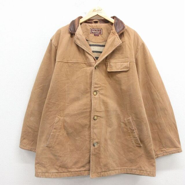 XL★古着 マルボロ 長袖 ジャケット メンズ 00年代 00s 大きいサイズ ロング丈 襟レザー コットン 開襟 オープンカラー 茶系【spe】 26mar03