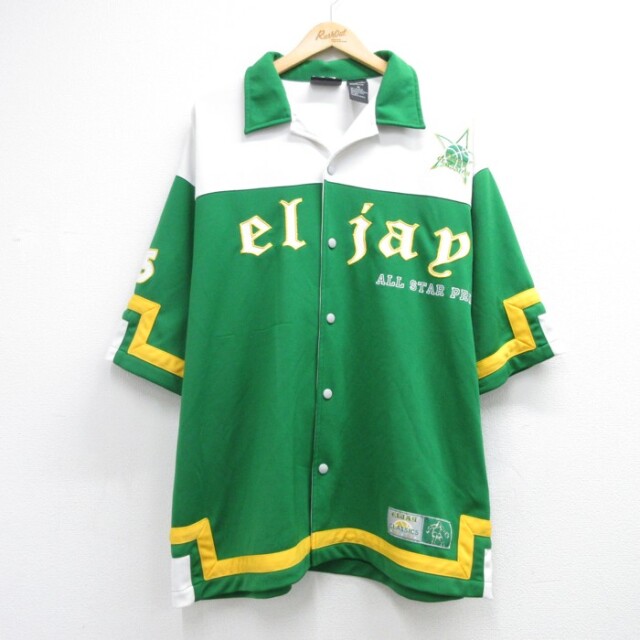XL★古着 el jay 半袖 ジャケット メンズ 90年代 90s オールスター スナップボタン ポリエステル オープンカラー グリーン 26aug17