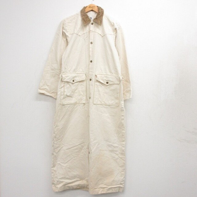 M★古着 Industries 長袖 メンズ 90年代 90s ロングコート フラップポケット コットン 生成りベージュ USA製【spe】 26sep25