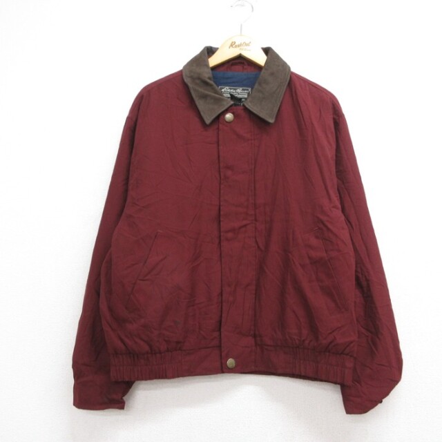 XL★古着 Eddie Bauer エディーバウアー 長袖 ジャケット メンズ 00年代 00s えりレザー キルティング ポリエステル バーガンディ【spe】 26oct02