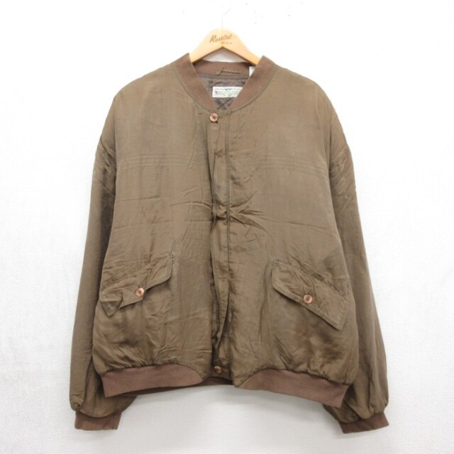 XL★古着 NATURAL ISSUE 長袖 ジャケット メンズ 大きいサイズ シルク キルティング フラップポケット クルーネック カーキ 26oct06