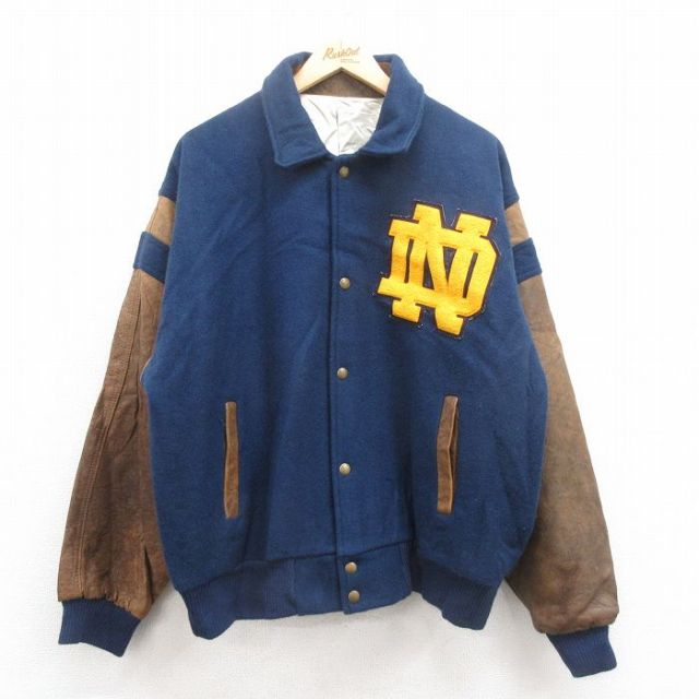 XL★古着 長袖 スタジャン メンズ ND 袖レザー 大きいサイズ ツートンカラー 紺 ネイビー 25oct02 中古 アウター ジャンパー ブルゾン