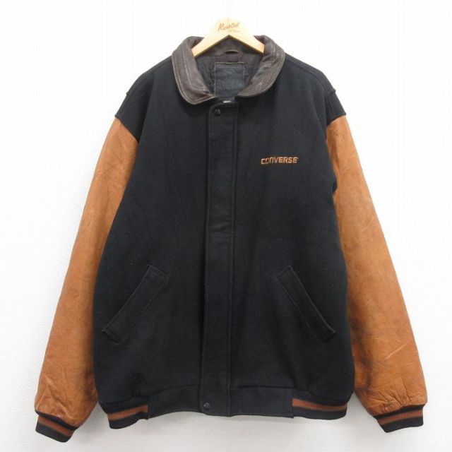 XL★古着 ゴールデンベア 長袖 スタジャン メンズ 90年代 90s コンバース 袖レザー 大きいサイズ ロング丈 ツートンカラー USA製 黒 ブラック 内側キルティング 【spe】 25oct02 中古 アウター ジャンパー ブルゾン
