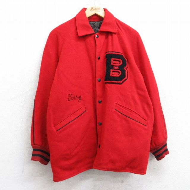 XL★古着 長袖 スタジャン メンズ 70年代 70s B ロング丈 リバーシブル ラグラン ウール 赤他 レッド 【spe】 25oct20 中古 アウター ジャンパー ブルゾン